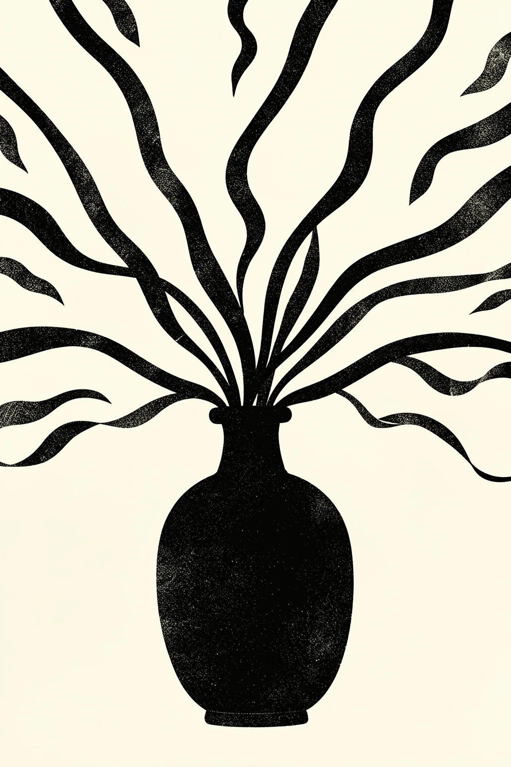 Flowing Botanical Form. A black vase silhouette holds long, flowing wavy stems against a pale cream background.