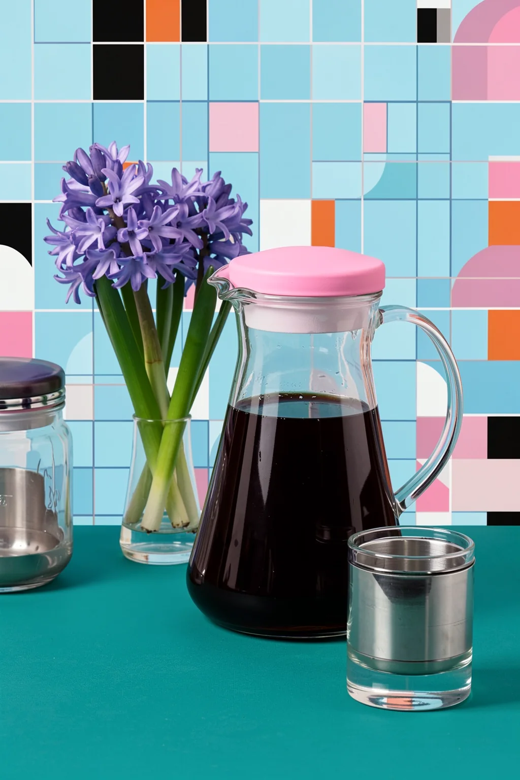 Morning Coffee Ritual. A glass coffee carafe and cup sit beside purple flowers against a colorful blue, pink and black tiled wall.
