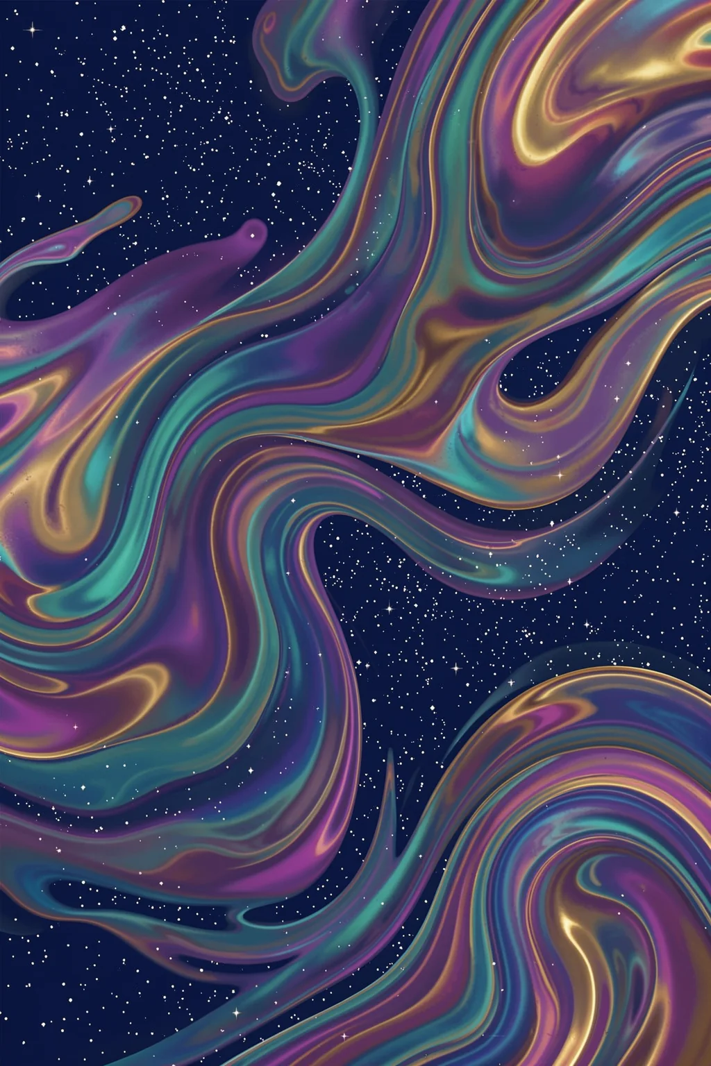 Ethereal Cosmic Faces. Broad iridescent ribbons in teal, purple and gold flow across a starry navy field.