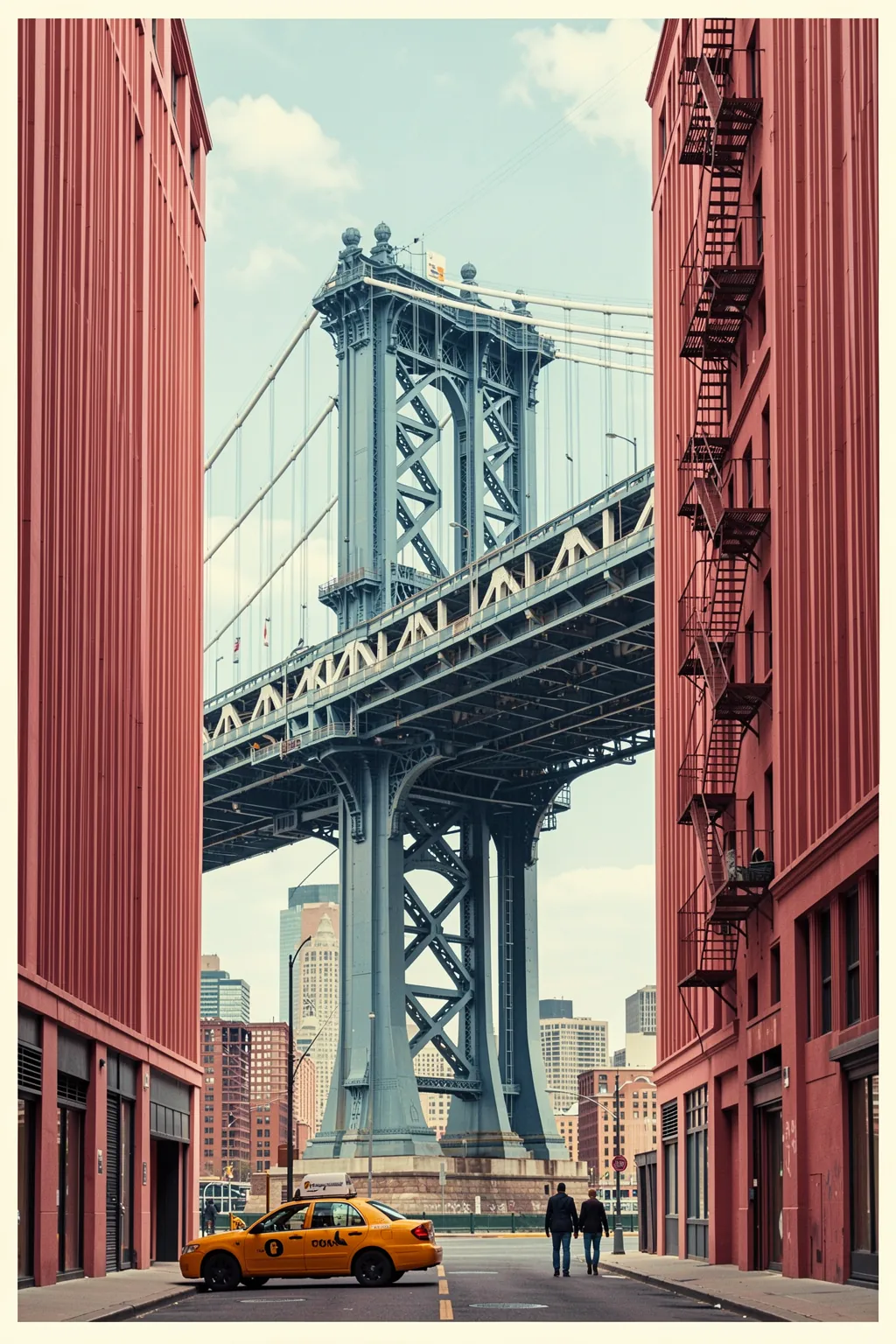 Dumbo, New York. A steel suspension bridge is framed by red-brick buildings on a city street, with a yellow taxi in the foreground.