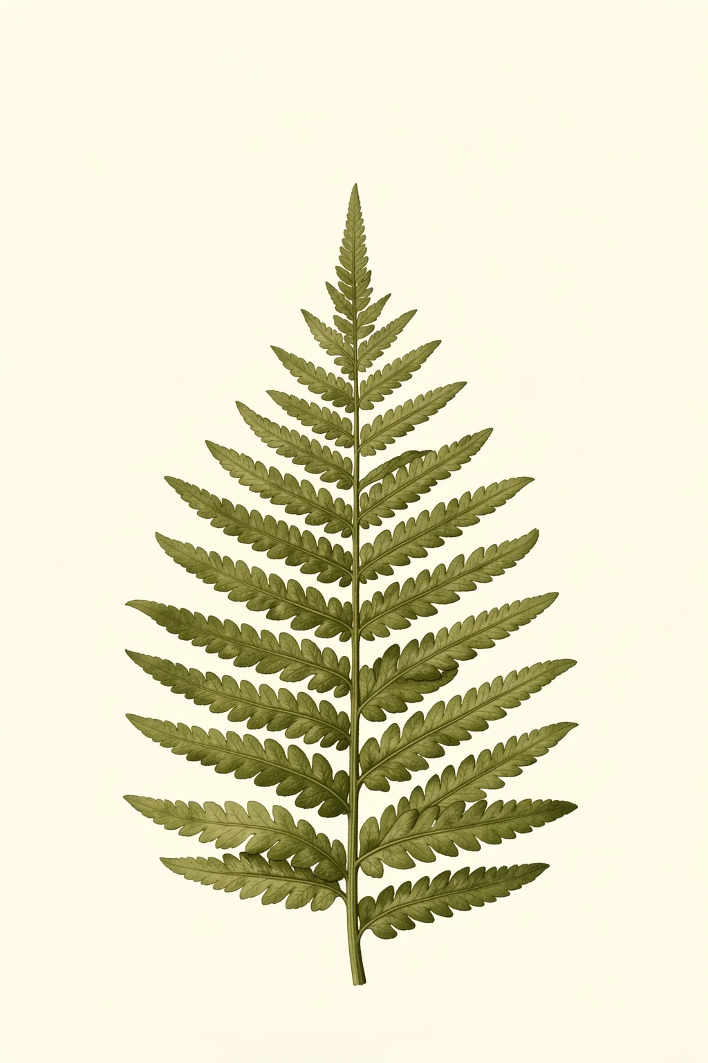 Elegant Fern Botanical. A single olive-green fern frond is centered on a pale cream background.