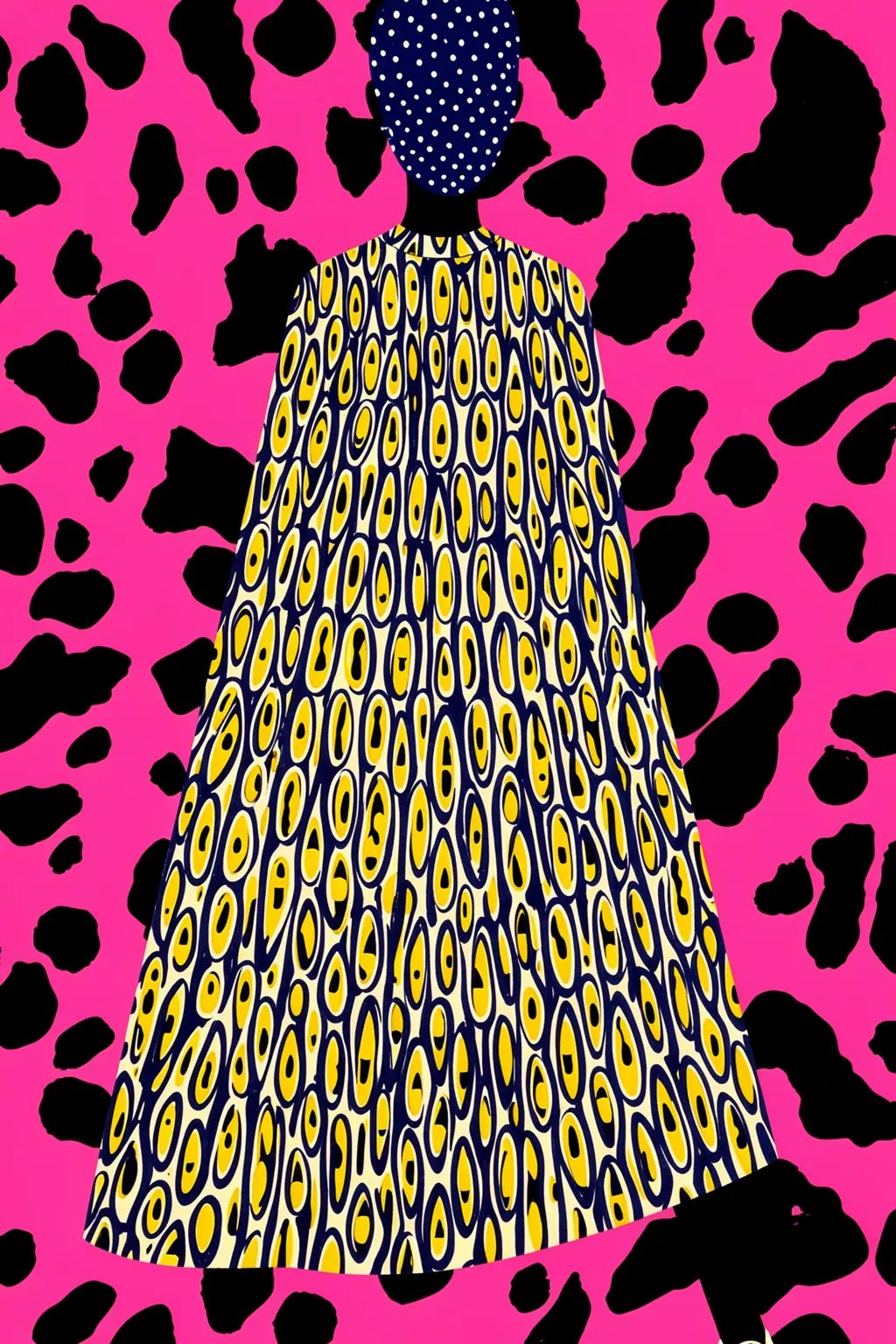 Vibrant Masked Woman. A faceless figure in a patterned yellow-and-navy dress and dotted head covering stands against vivid pink and black shapes.
