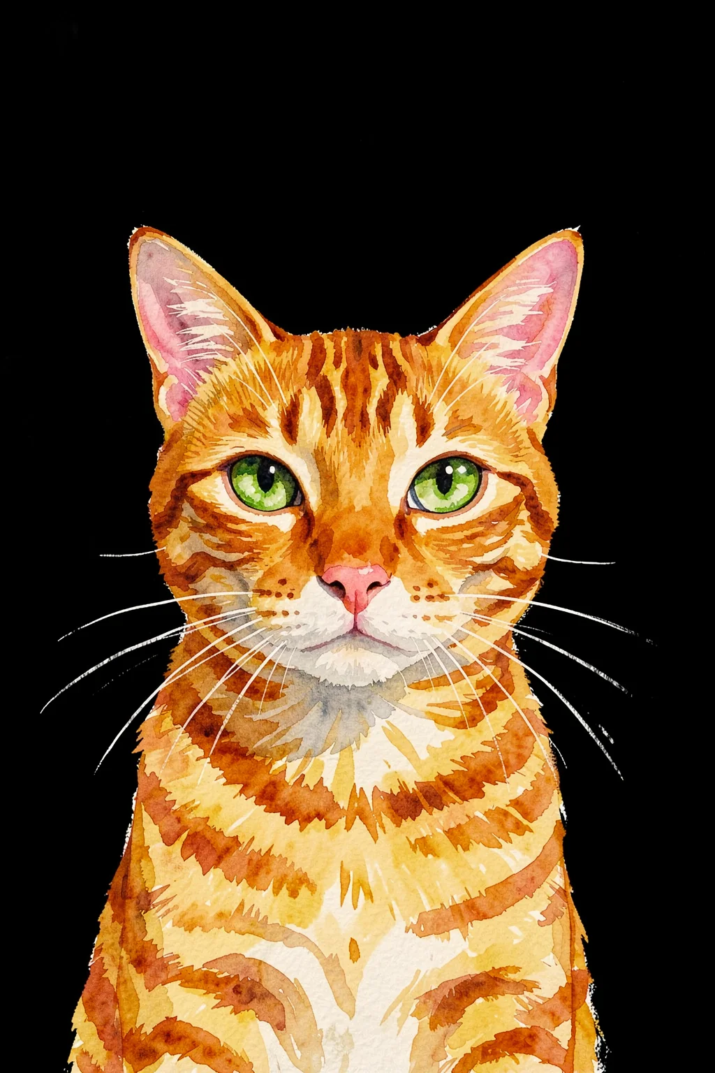 Expressive Orange Tabby. A front-facing orange tabby cat with bright green eyes is painted in watercolor against black.