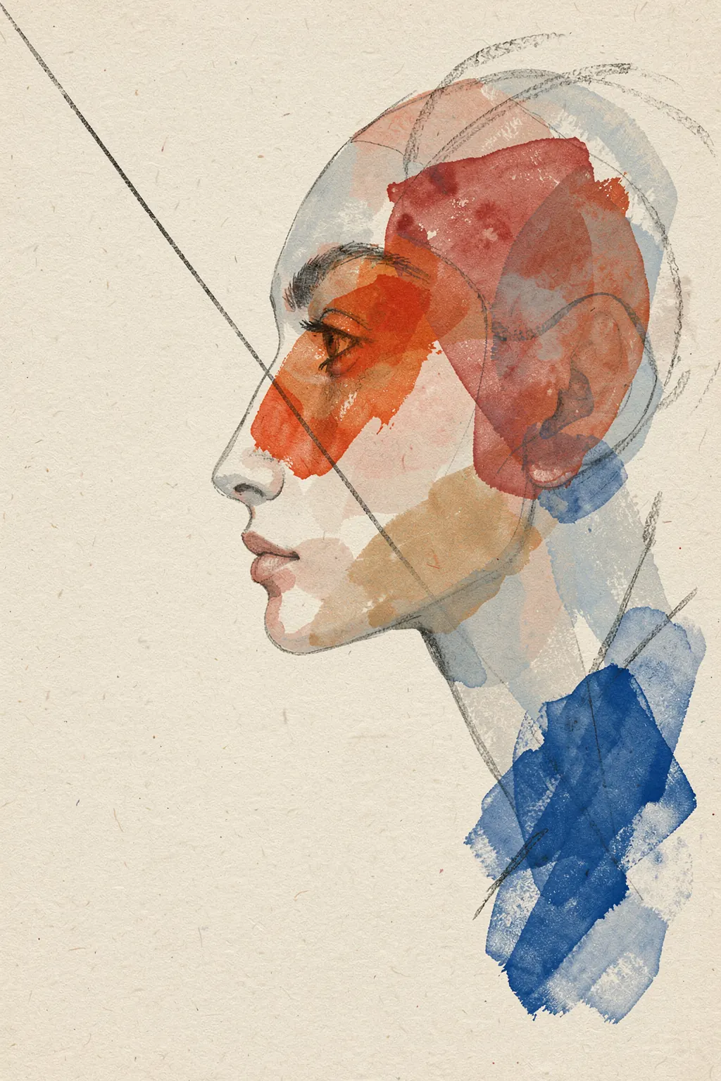 Posh. Overlapping watercolor profiles and abstract red, gray and blue washes form a layered portrait on textured paper.