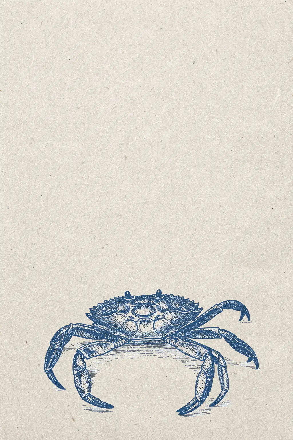 Deep Blue Crab. A finely engraved blue crab sits low on a lightly textured ivory background.