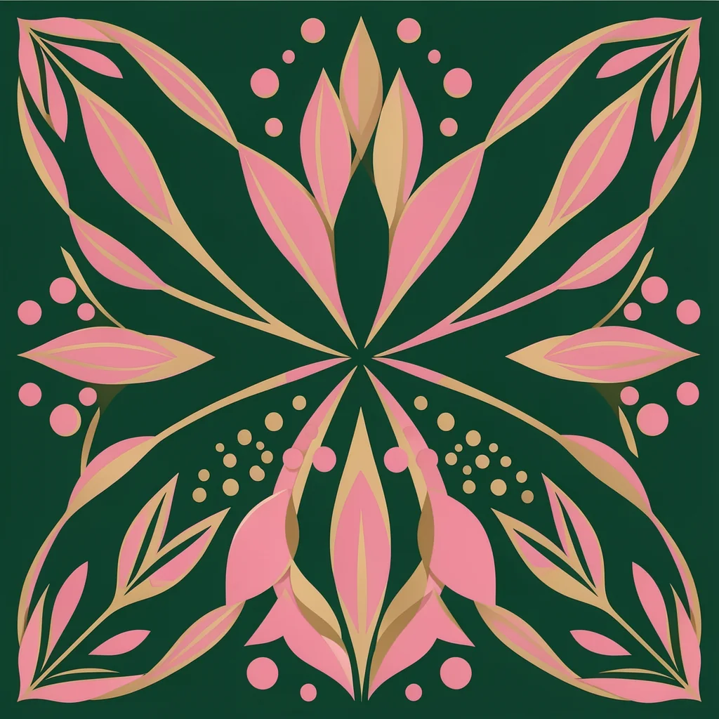 Vibrant Floral Symmetry. A symmetrical arrangement of pink and muted gold leaves and dots radiates across a deep green field.