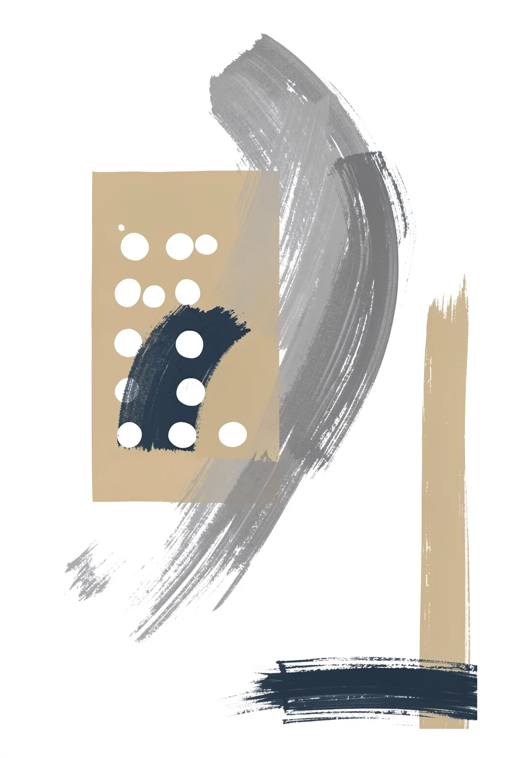 Calm Abstract Brushstrokes. Broad gray and navy brushstrokes overlap beige blocks and white circles in a restrained abstract composition.