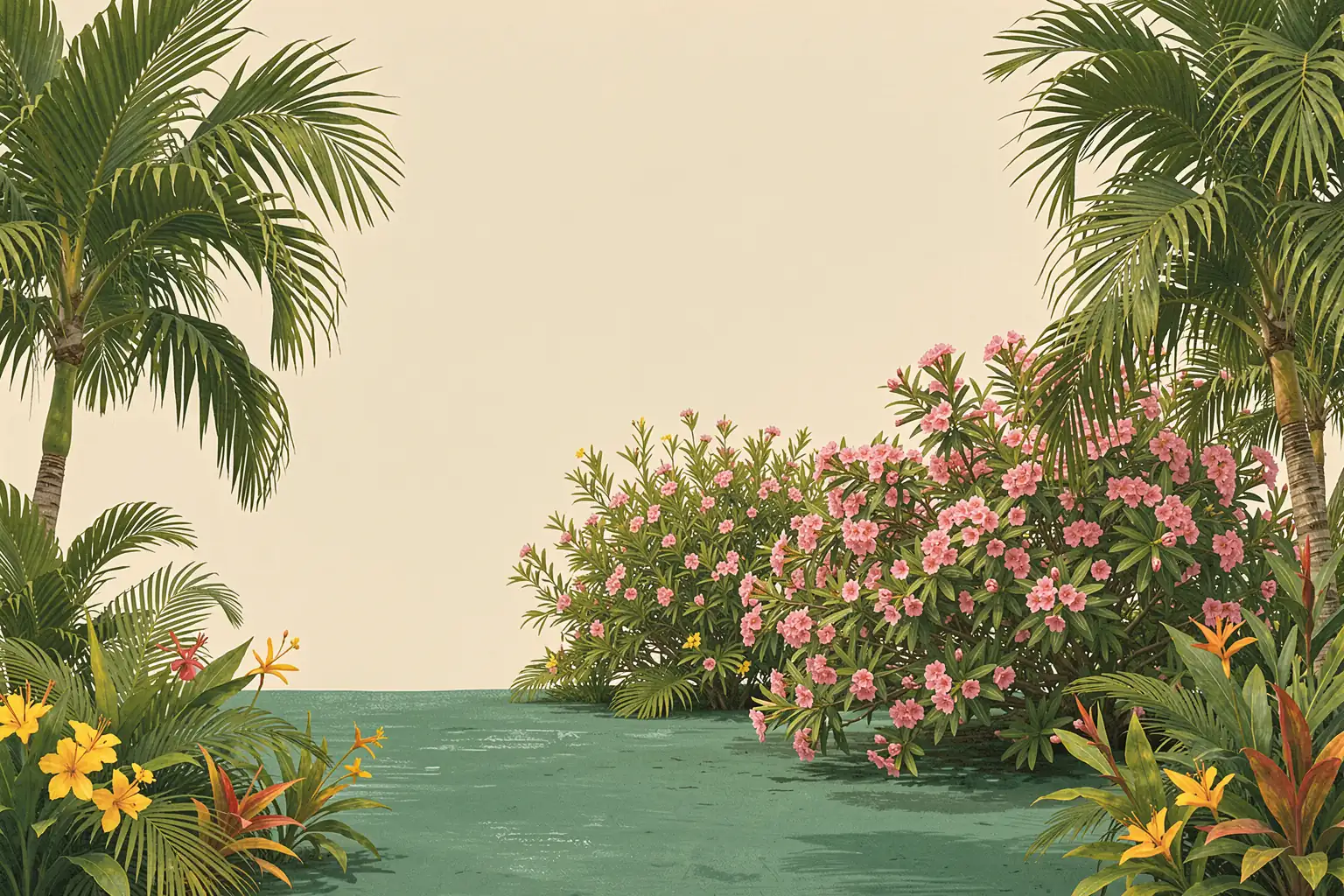 Lush Tropical Garden. A calm garden pool is bordered by palms, flowering shrubs and tropical plants in soft green and pink tones.