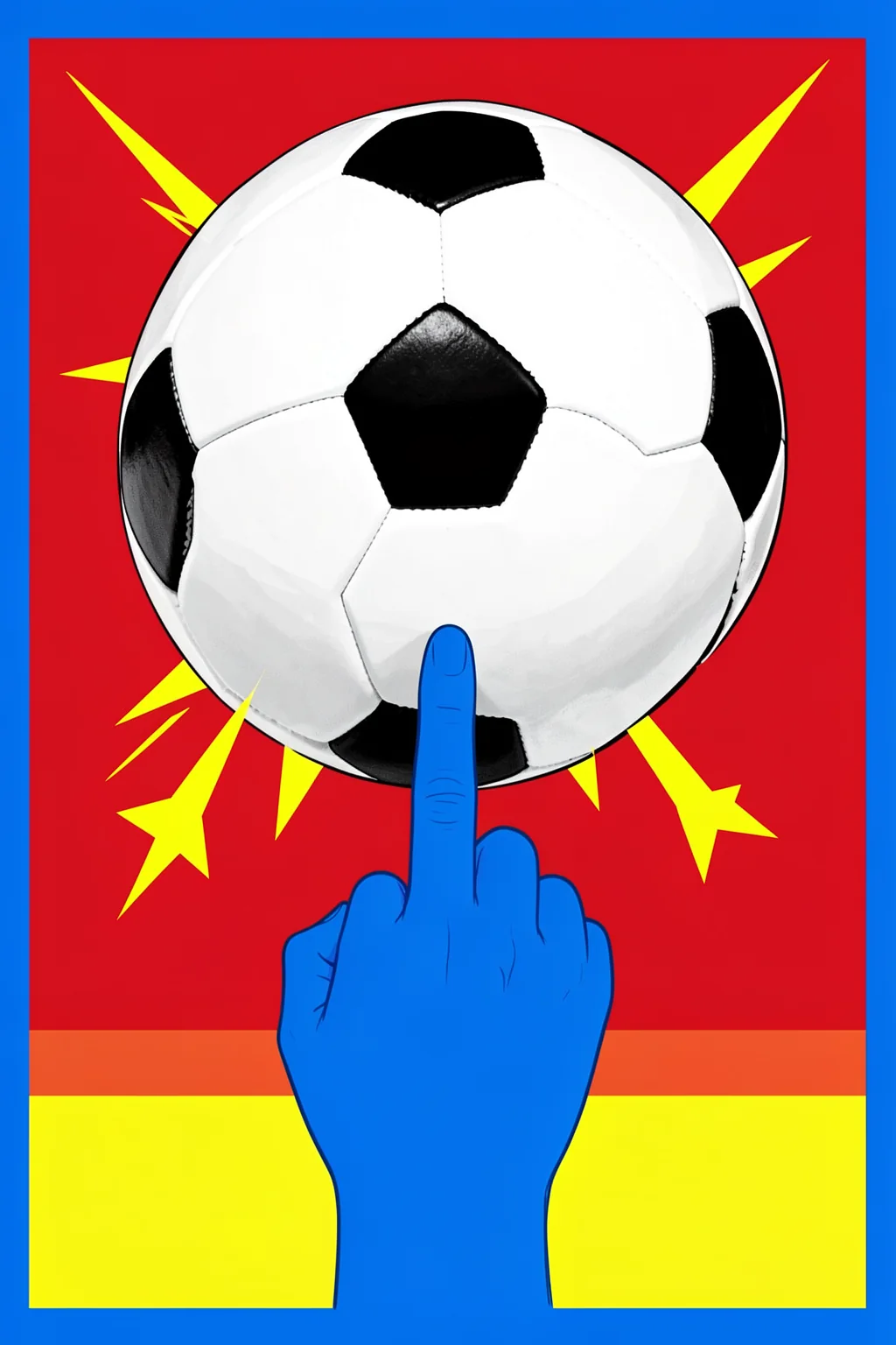 Women's World Cup Soccer. A black-and-white football floats above a raised blue hand, with red and yellow burst shapes inside a bright blue border.