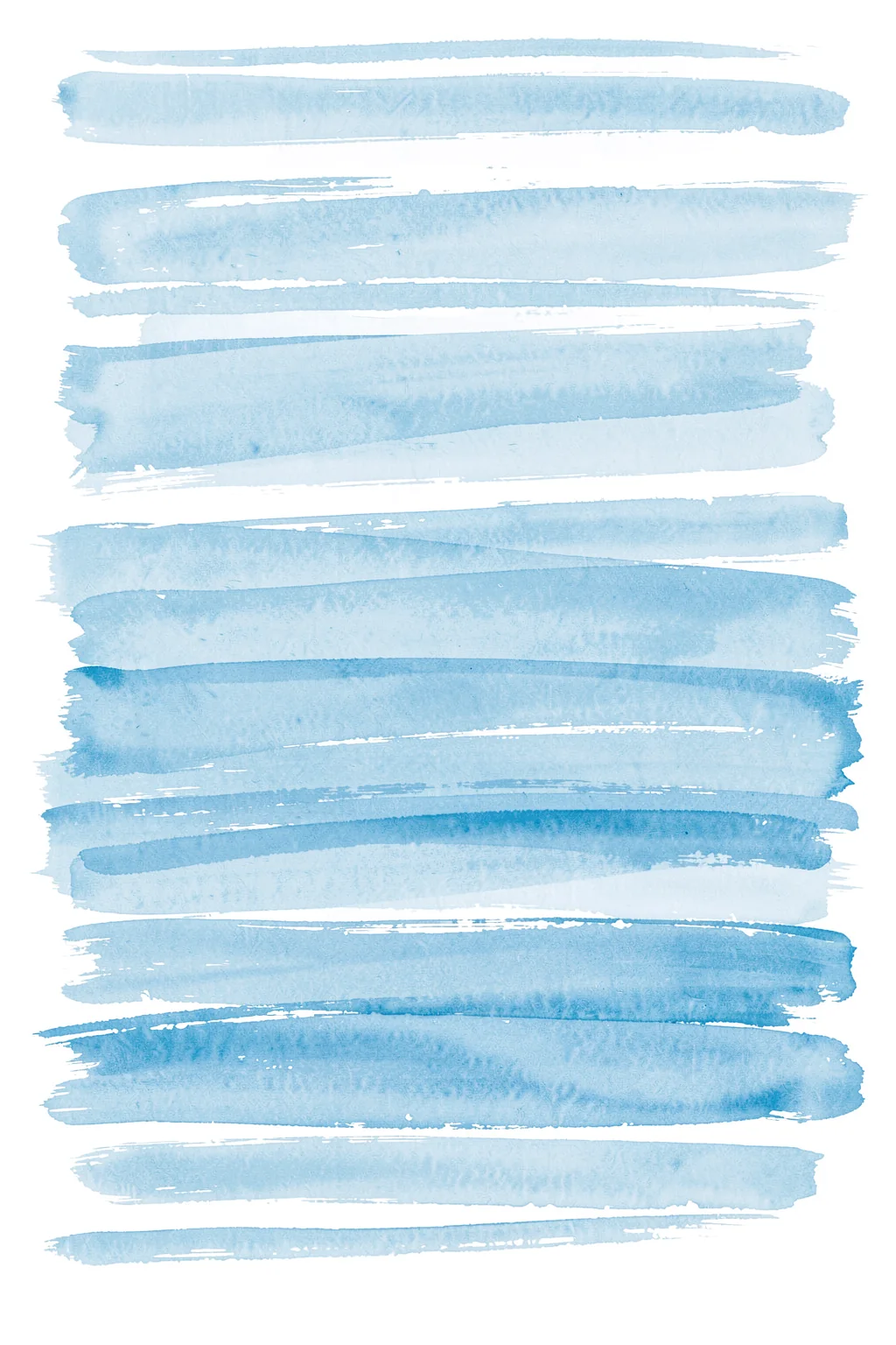 Watercolor Blue Stripes. Uneven horizontal watercolor stripes in several shades of pale and medium blue are spaced across white.