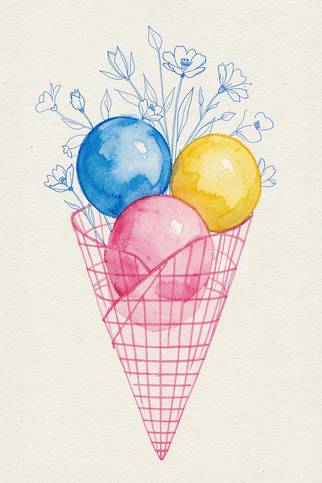 Colorful Floral Cone. Blue line-drawn flowers rise behind three watercolor circles in blue, yellow and pink, arranged in a pink wireframe cone.