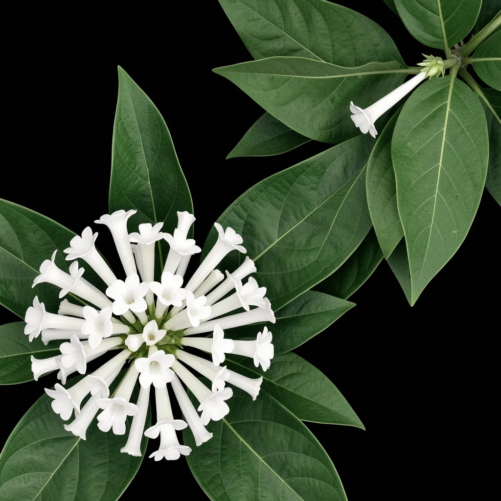 Elegant White Flowers. White tubular flowers and broad green leaves spread across a dark black background.