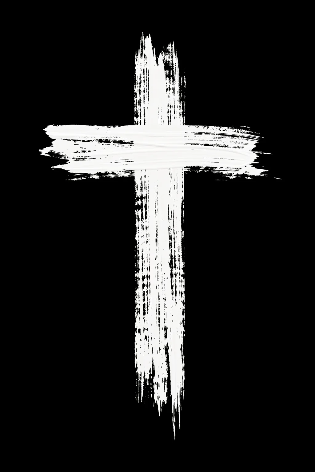 Bold Abstract Cross. A rough white cross made from broad brushstrokes stands against a solid black background.