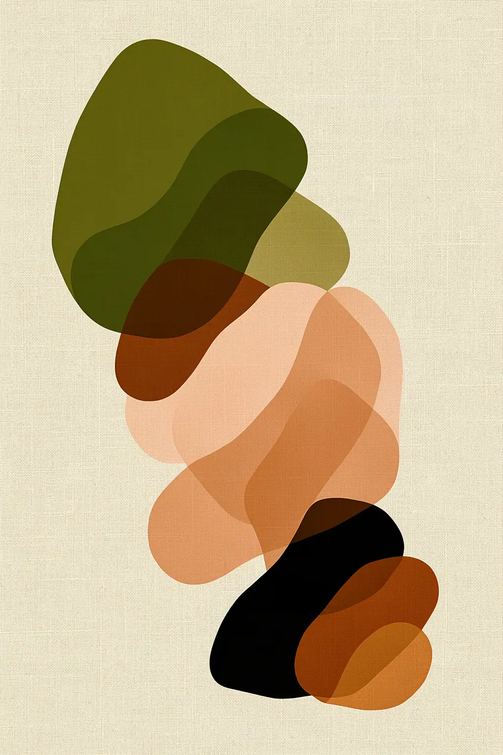 Mid Century Matisse Kopie. Mid-century organic shapes in olive, green, brown, peach and black overlap on textured cream paper.