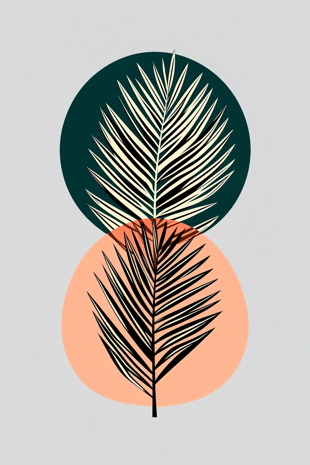 Spaces Bleu Kopie. Outlined palm-like fronds rise over overlapping dark teal and peach circles on a muted gray background.