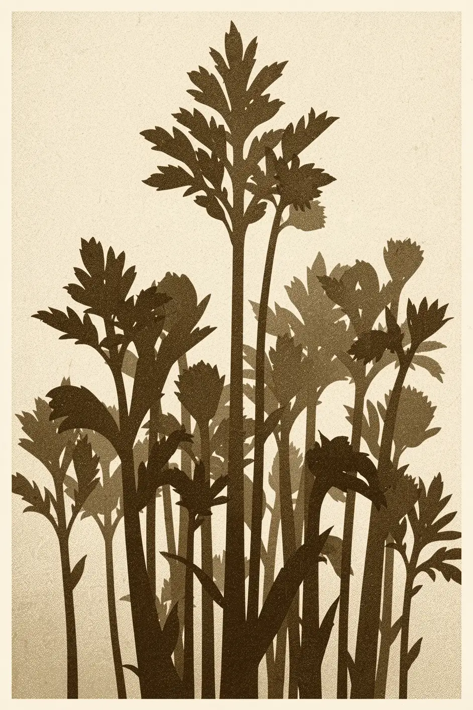 Textured Botanical Forms. Dense dark botanical silhouettes of leaves and stems fill the lower portion of textured cream paper.