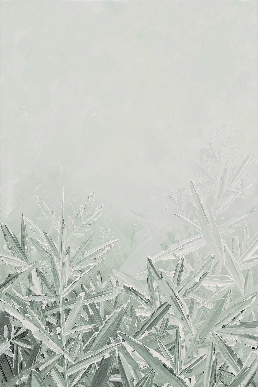 Icy Forest Serenity. Soft gray-green grasses and leafy stems emerge through a pale, misty winter landscape.