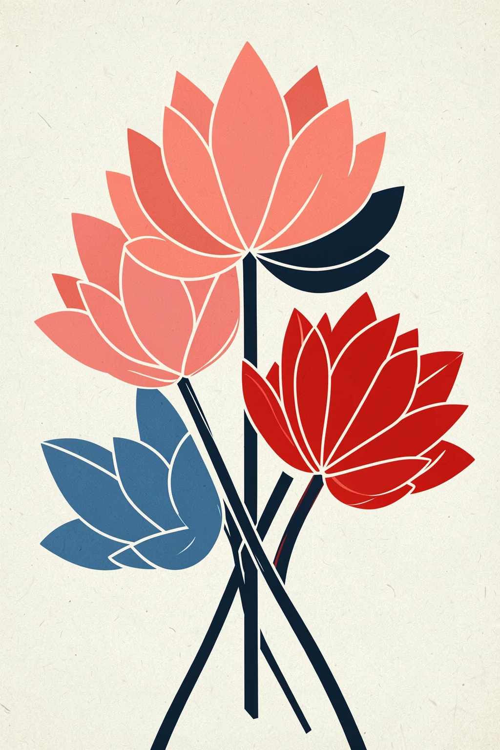 Three Dancing Blossoms. Three oversized graphic blossoms in coral pink, red and slate blue rise on dark stems against cream.