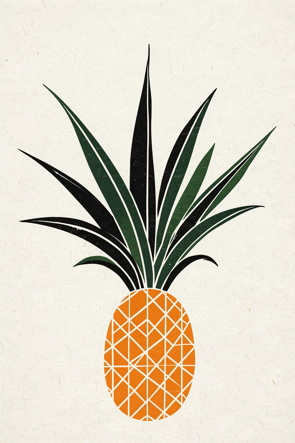 Peter, the Plant. A bold graphic pineapple pairs a bright orange crosshatched fruit with long black and deep green leaves on ivory.