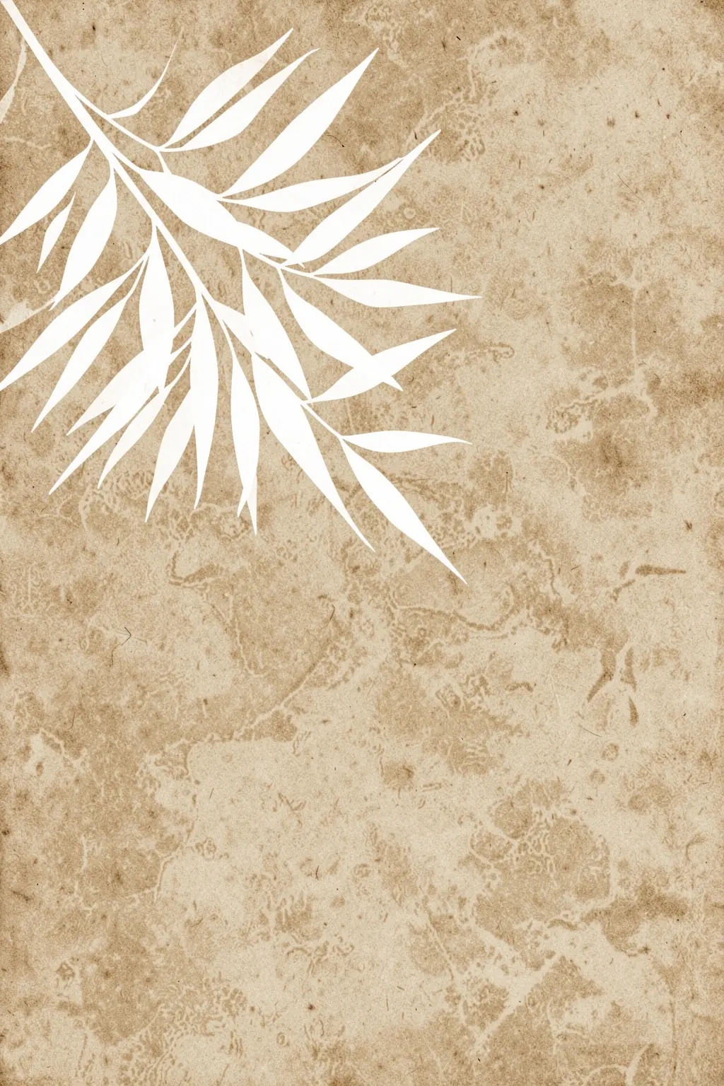 Neutral Leaf Pattern. A white leafy branch sweeps diagonally across mottled, aged beige paper.