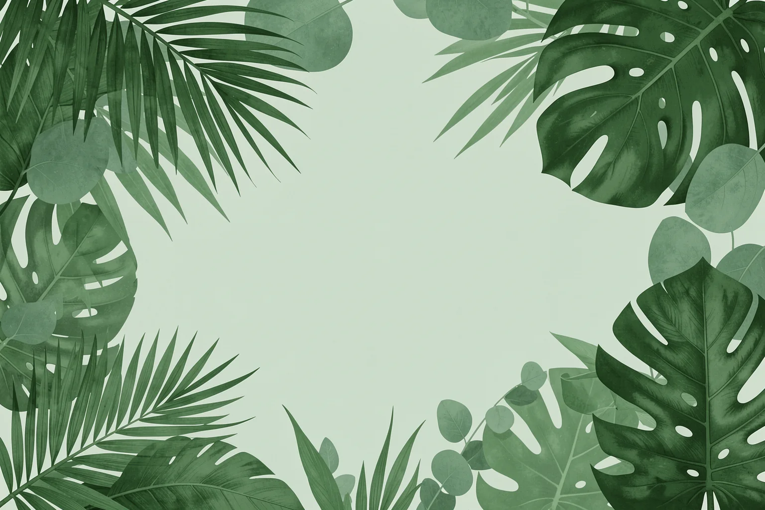 Deep Green Jungle Leaves. Deep green palm, monstera and rounded leaves frame an open pale sage center.