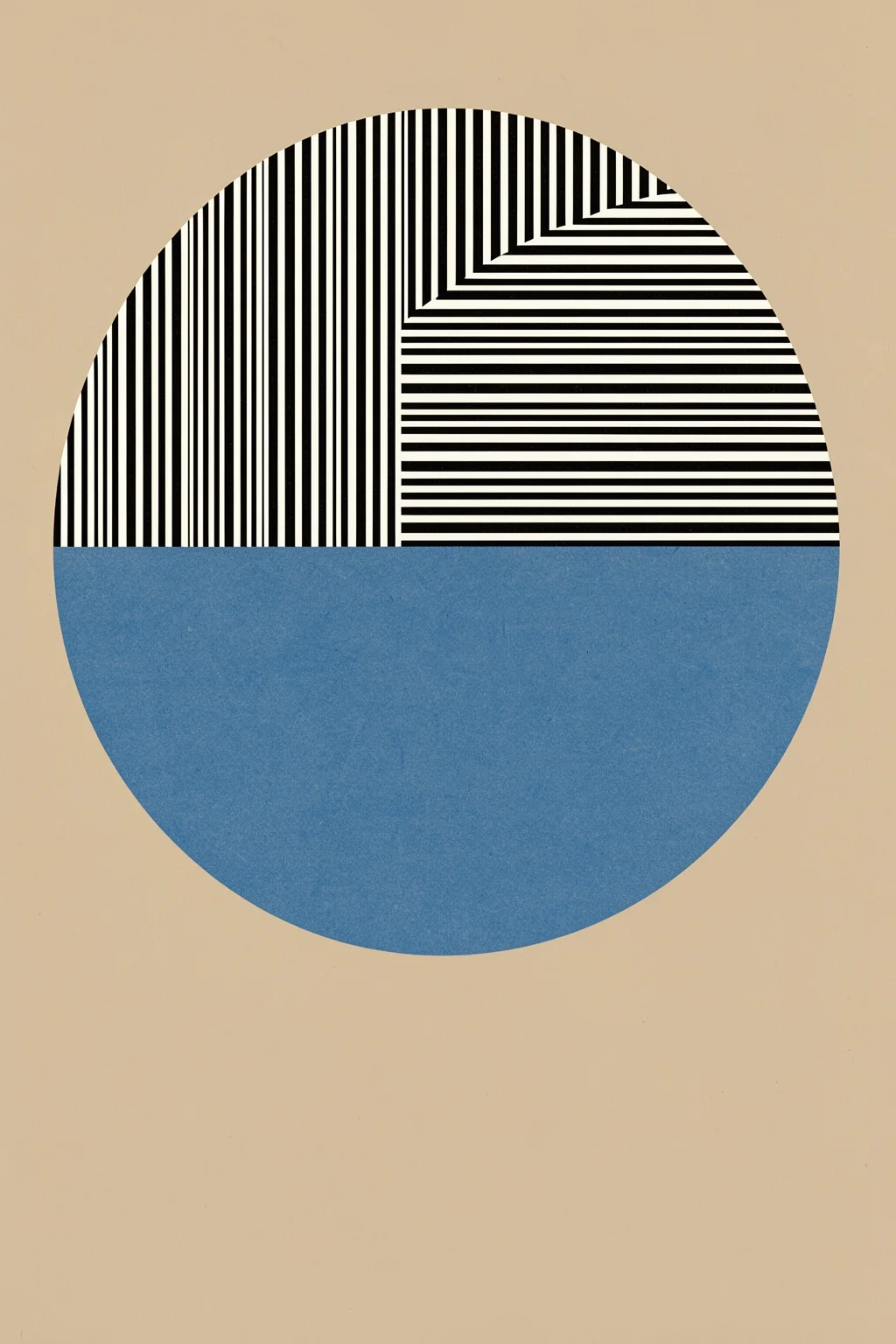 Geometric Blue Circle. A large circle combines black-and-white striped sections with a solid muted blue lower half on beige.