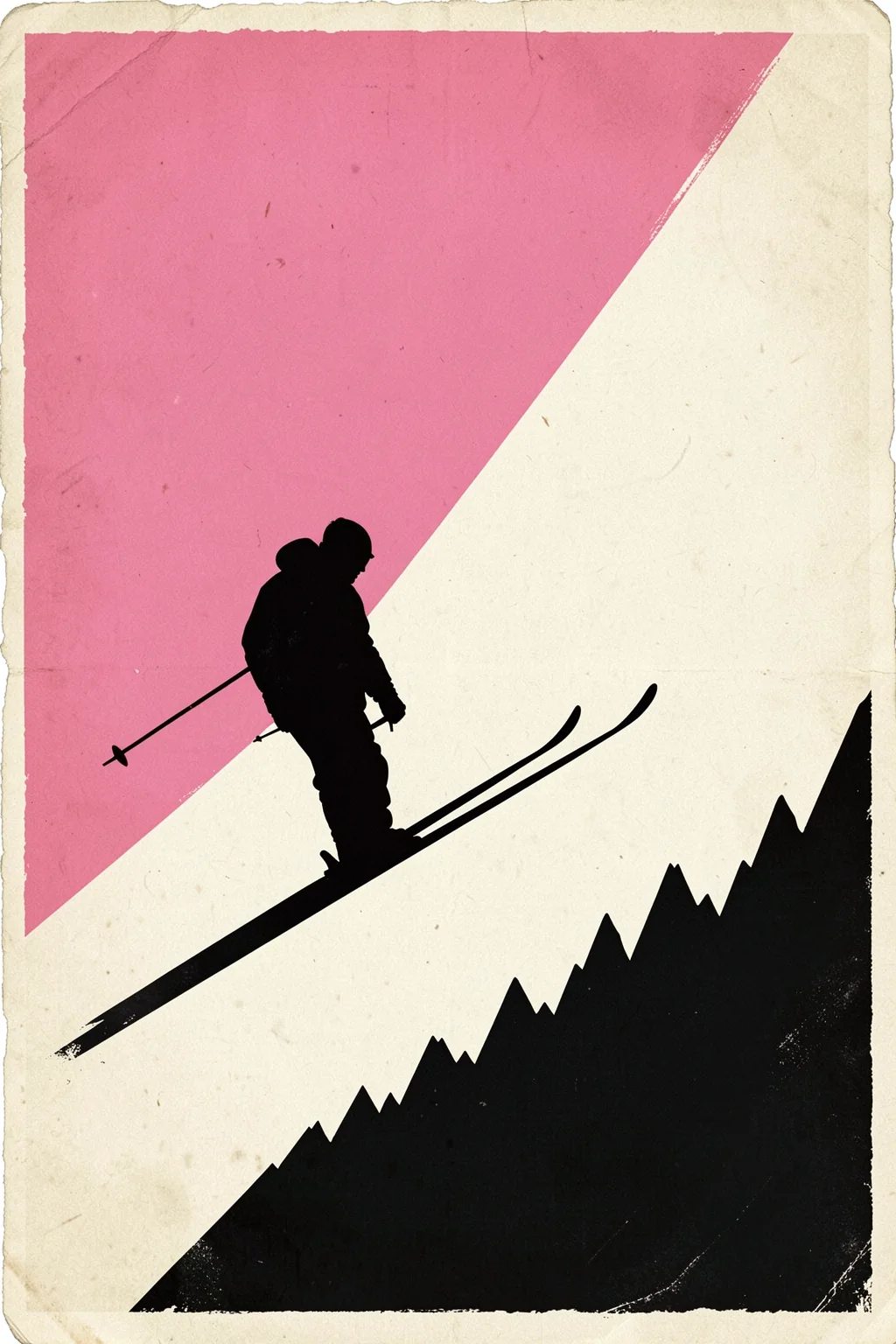Ski Mount Hotham Australia. A vintage-inspired skier silhouette cuts across a pink and cream diagonal sky above a black mountain slope.