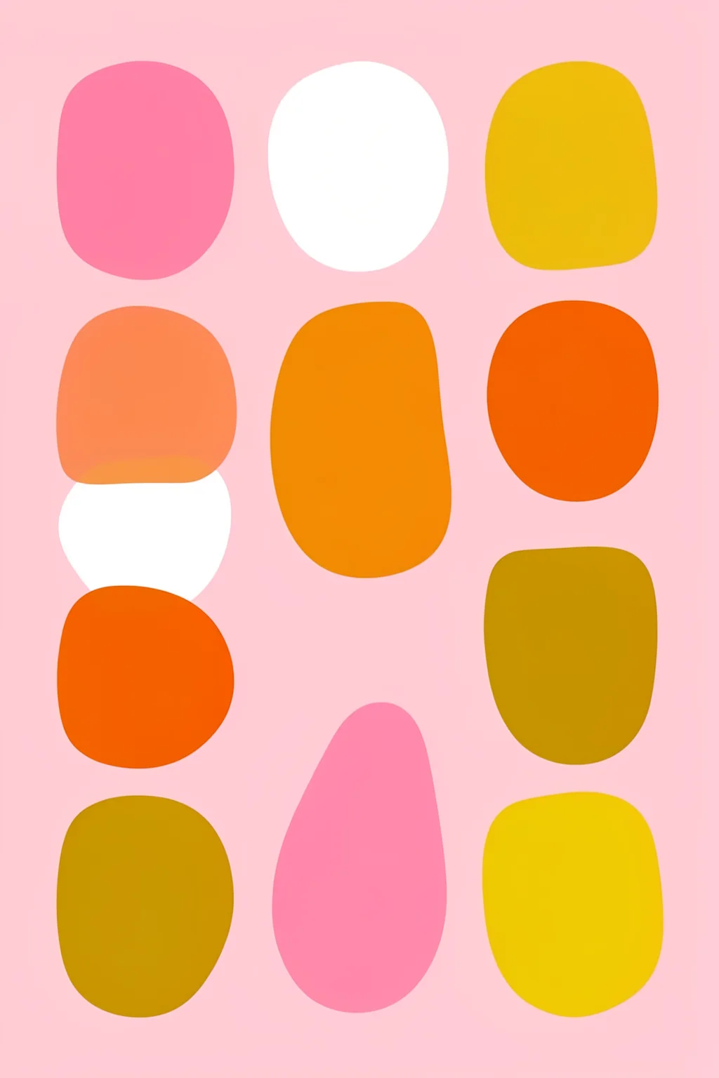 Colorful Abstract Dots. Rounded pink, white, yellow and orange forms are arranged in loose rows on a pale pink ground.