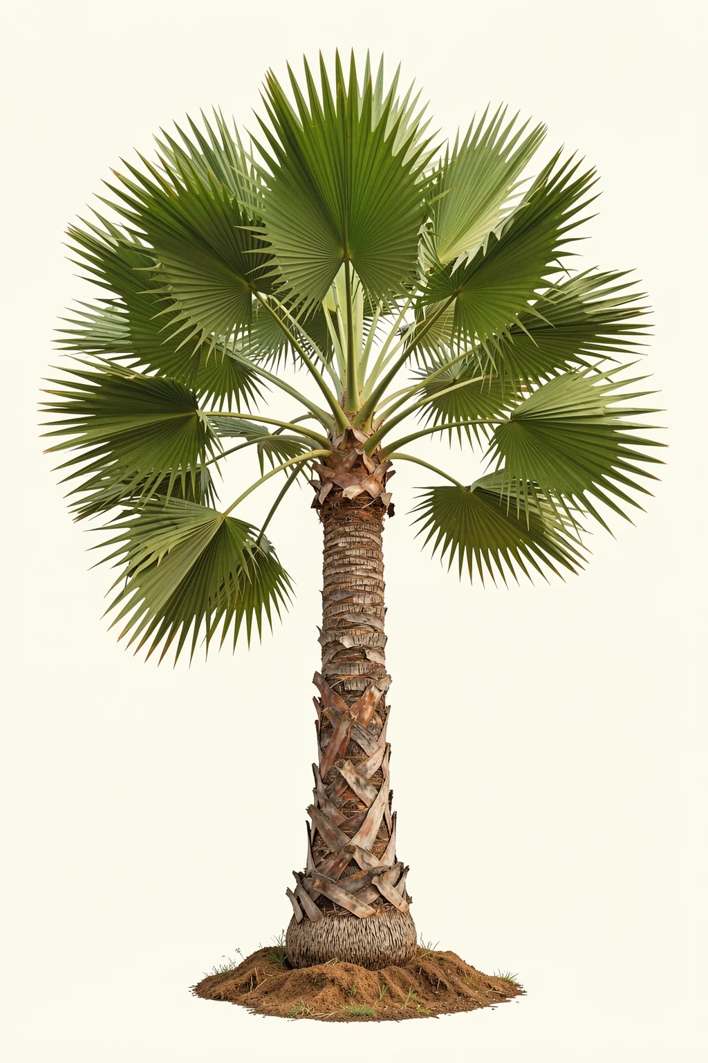 Xxvi Trithrinax B. A solitary fan palm with a textured trunk and radiating dark green fronds stands on ivory.