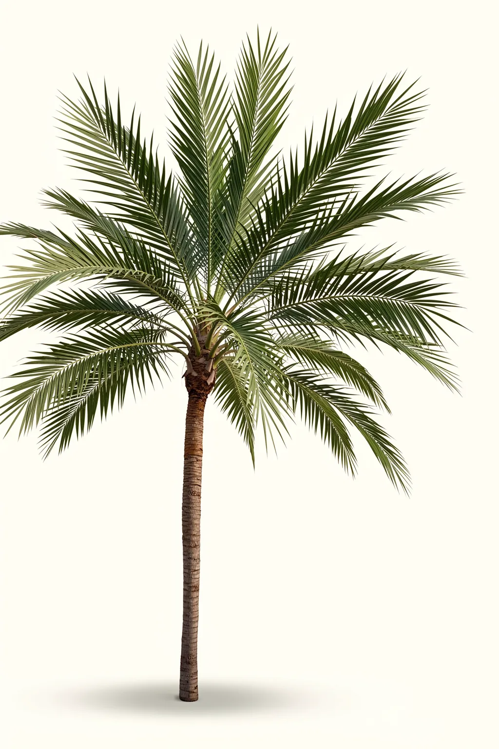 Xi Cocos Weddeliana. A tall palm tree with a rough trunk and arching green fronds is isolated against warm white.