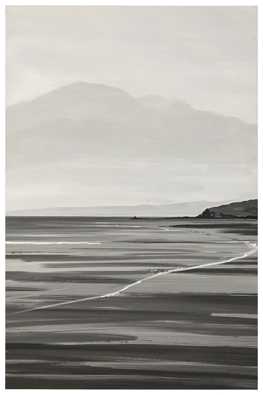 Lakes. A quiet monochrome shoreline stretches across the lower half beneath misty distant mountains.