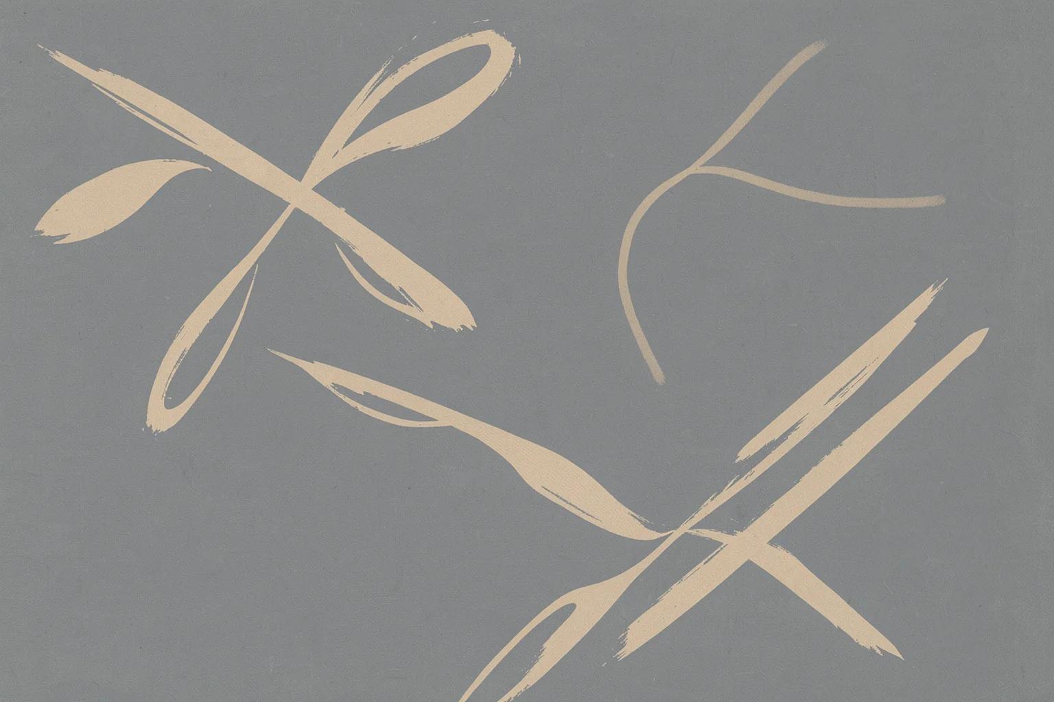 Flowing Organic Shapes. Loose cream brushstrokes sweep and intersect across a textured gray field.