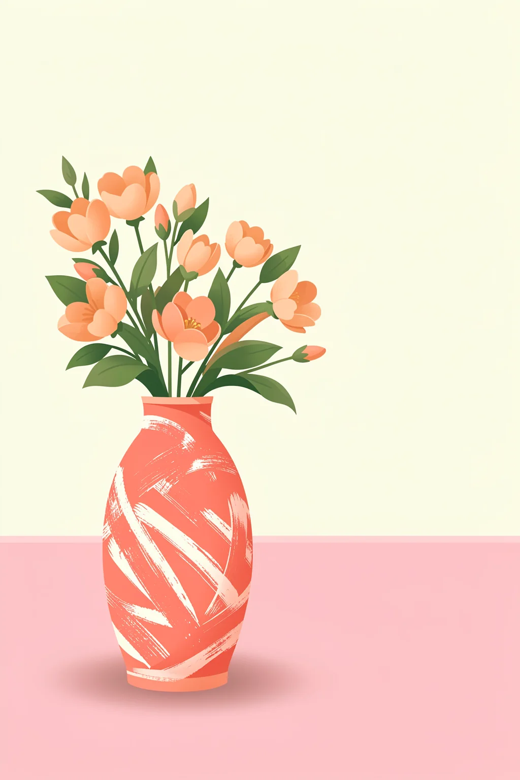 Flowers in Coral Vase. Peach flowers and green leaves rise from a coral vase against a pale yellow wall and pink lower band.