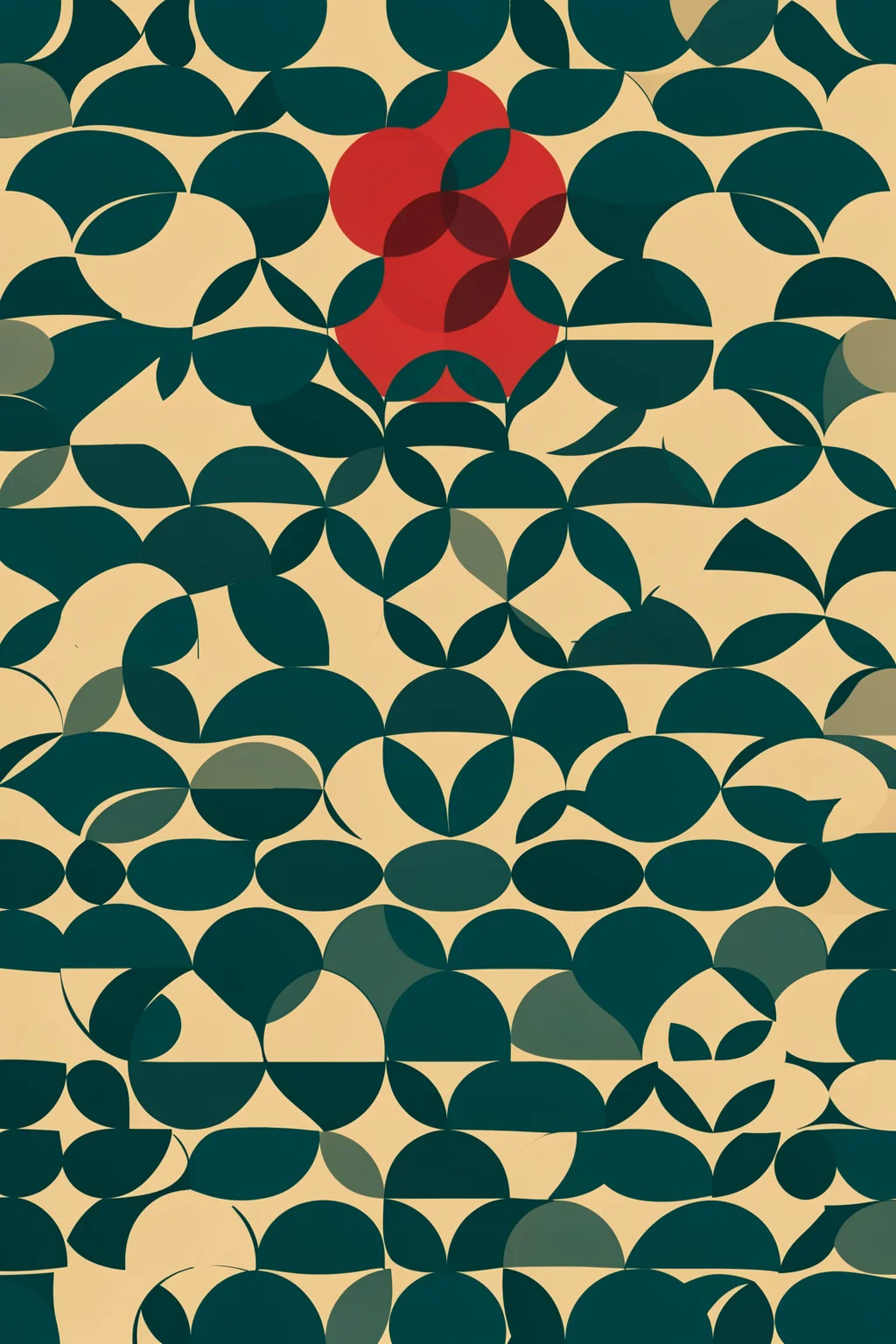 Geometric Harmony. A dense repeating pattern of dark teal geometric petals and circles surrounds a red floral motif on golden beige.