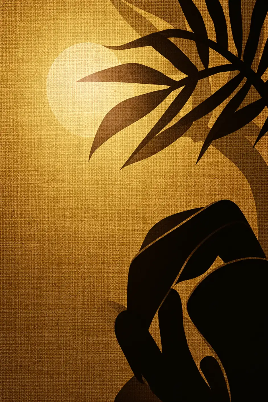 Golden Morning Silhouette. A dark silhouetted figure sits beneath overhanging leaves against a textured golden sunrise glow.