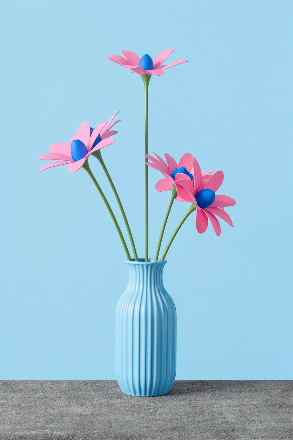 Peach Flowers in Blue Vase. Three sculptural pink flowers with blue centers rise from a pale blue ribbed vase on a gray surface.