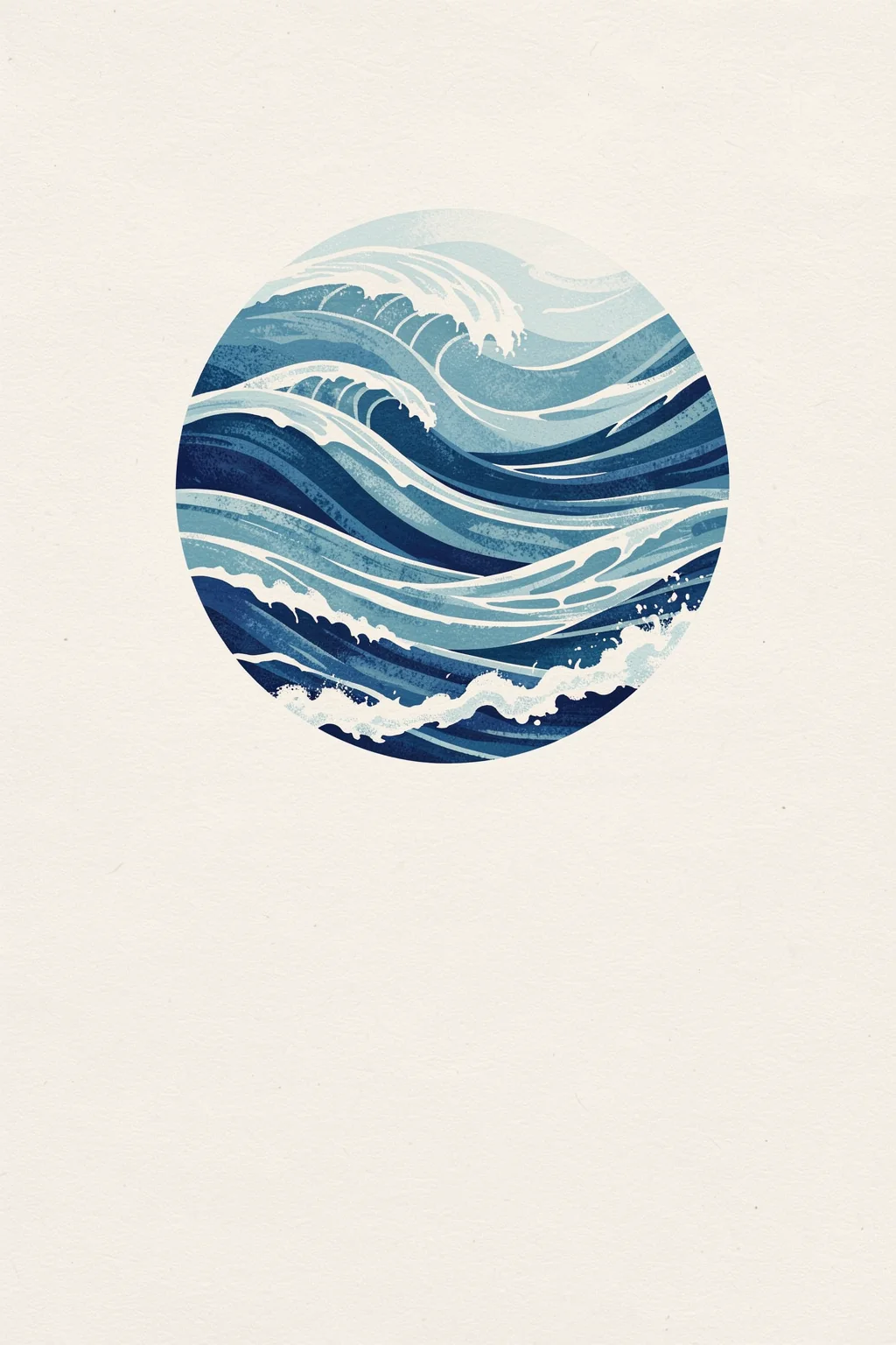 Deep Blue Waves. Layered blue and white waves curl within a circular frame on textured ivory paper.