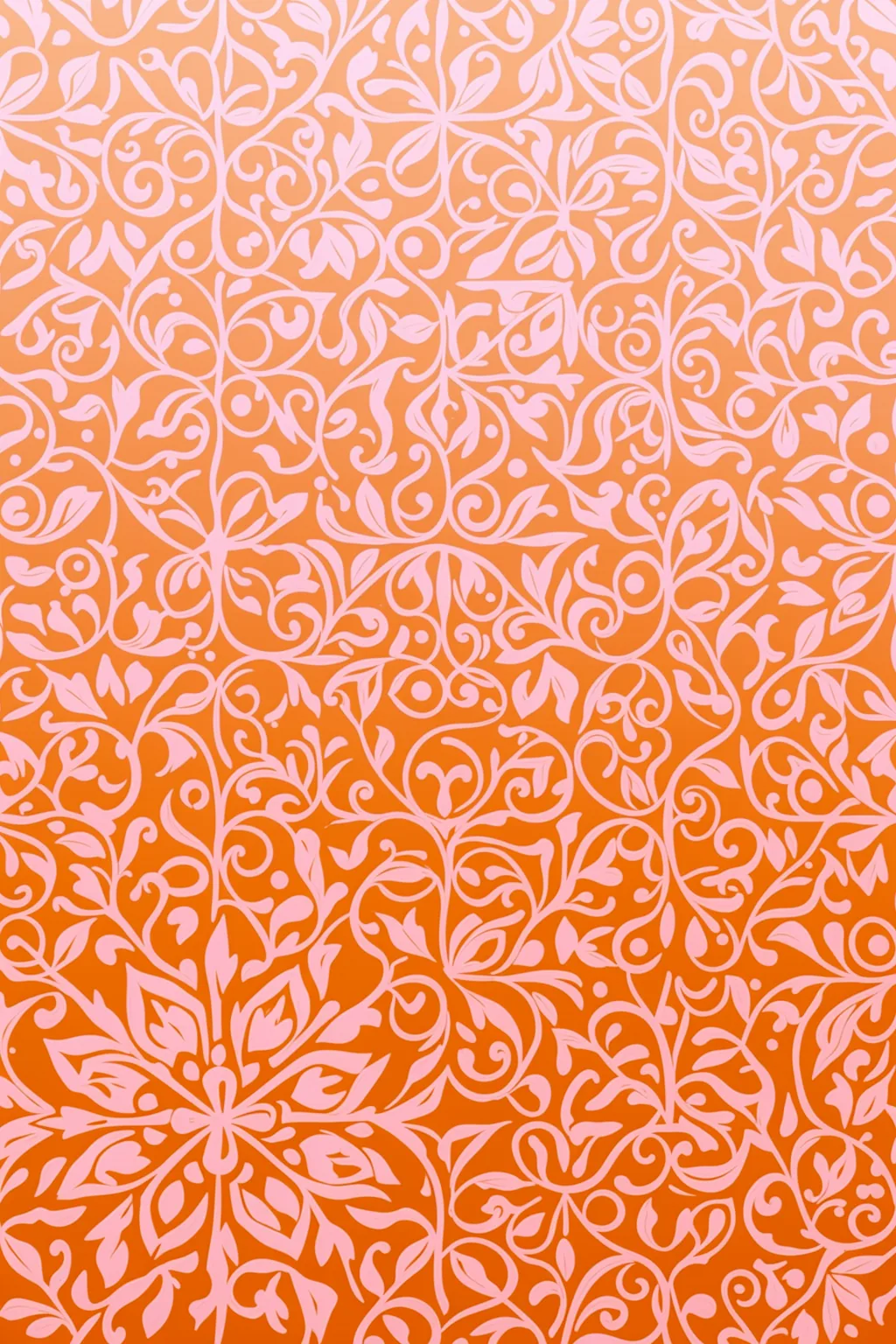 Ornate Floral Vines. An all-over ornamental pattern of pale pink floral vines and scrolls covers a peach-orange ground.
