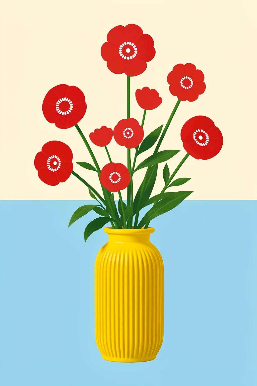 Red Flowers in Yellow Vase. Bright red stylized flowers rise from a ribbed yellow vase against pale cream and sky blue.