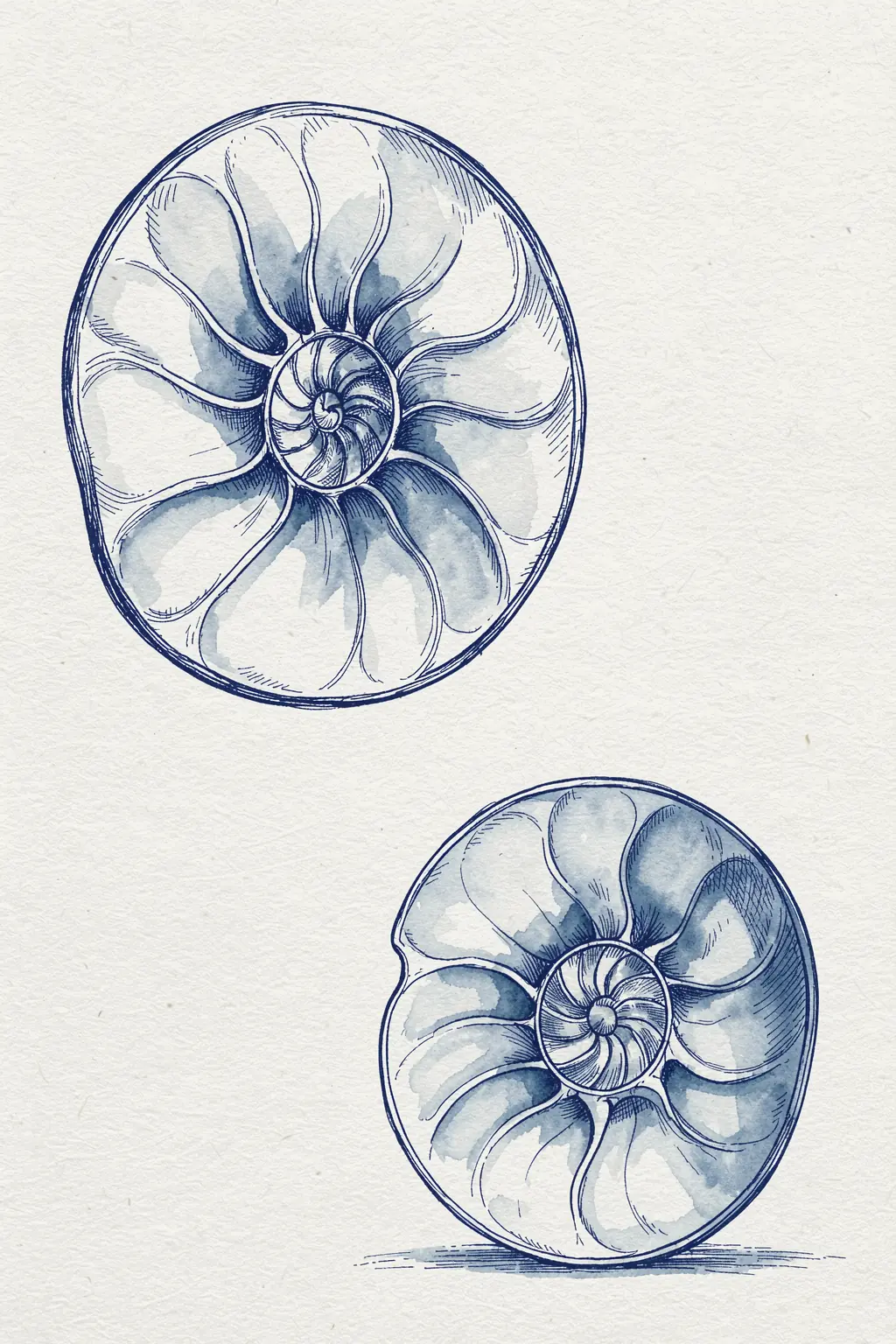 Blue Nautilus Spiral. Two blue-ink nautilus shell cross-sections are drawn on textured white paper.