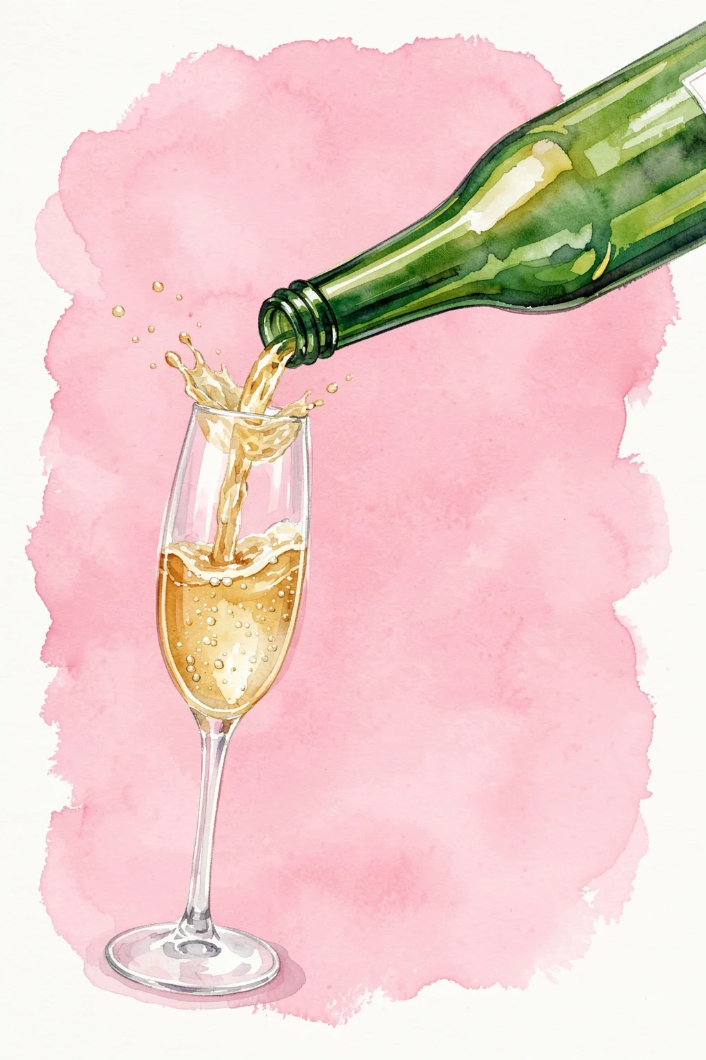 Life Is Better Pink. A bottle pours sparkling golden wine into a flute against a soft pink watercolor background.