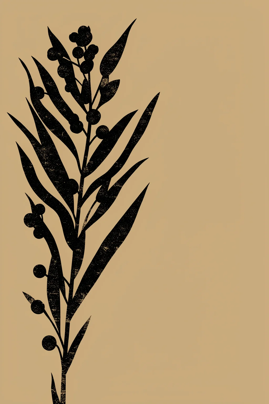 Dark Botanical Silhouette. A dark leafy plant with clusters of berries forms a dramatic silhouette on a warm tan background.