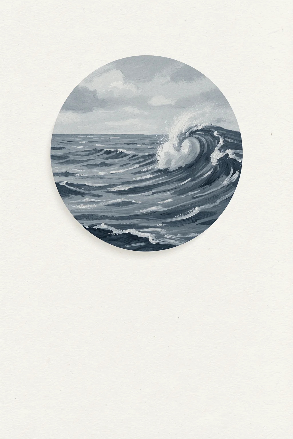 Calm Ocean Waves. A circular blue-gray seascape captures layered ocean waves and breaking surf against white.