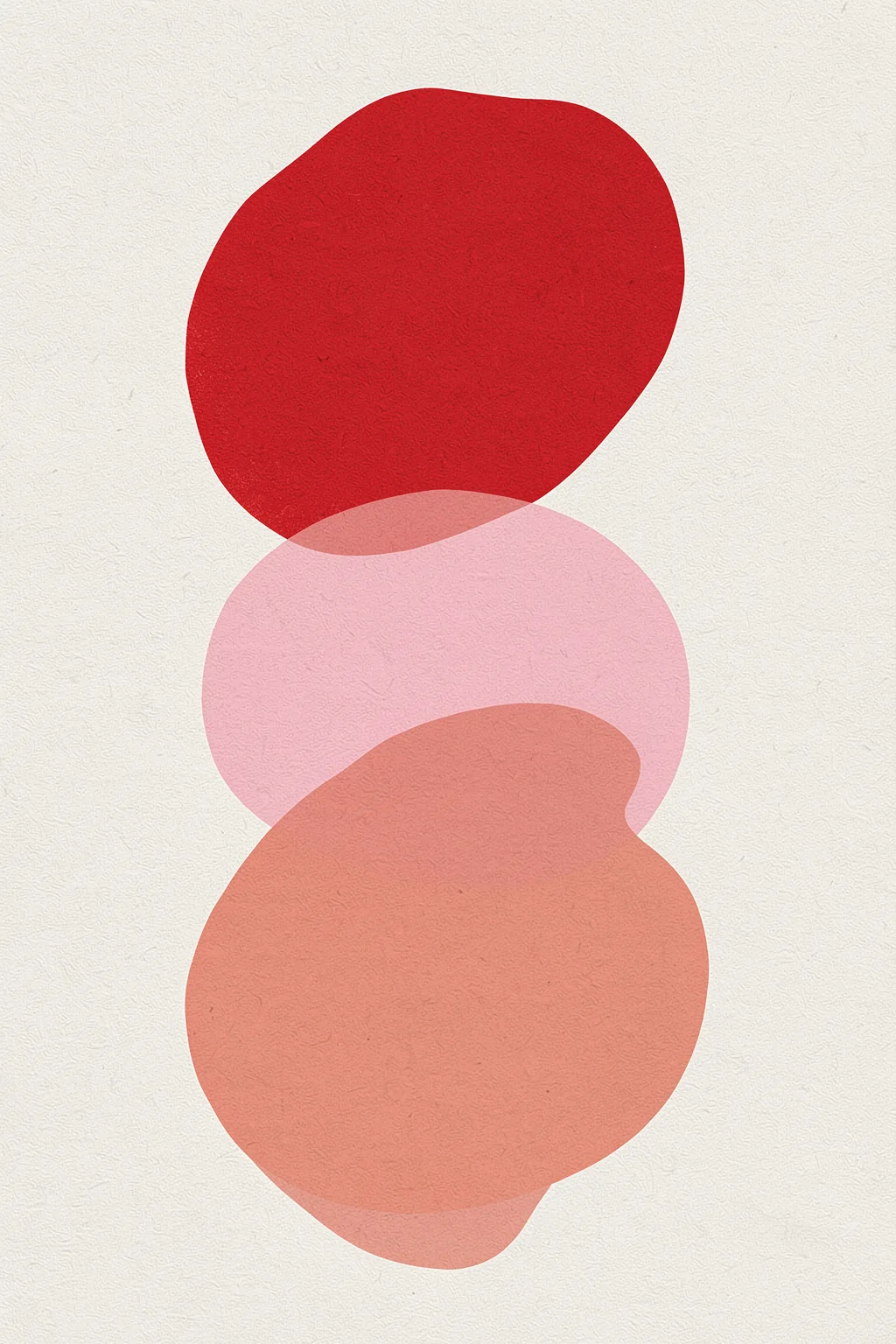 Abstraction 1. Translucent red, pink and terracotta organic forms stack vertically on textured ivory.