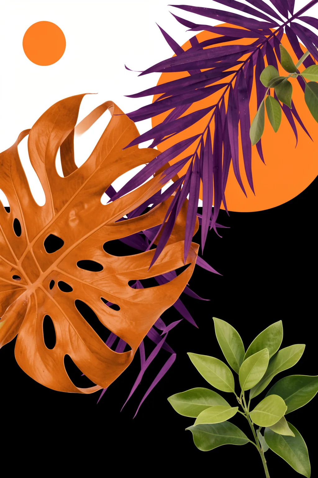 Earthy Tropical Leaves. Orange monstera and purple palm leaves mingle with green foliage against white and black shapes.