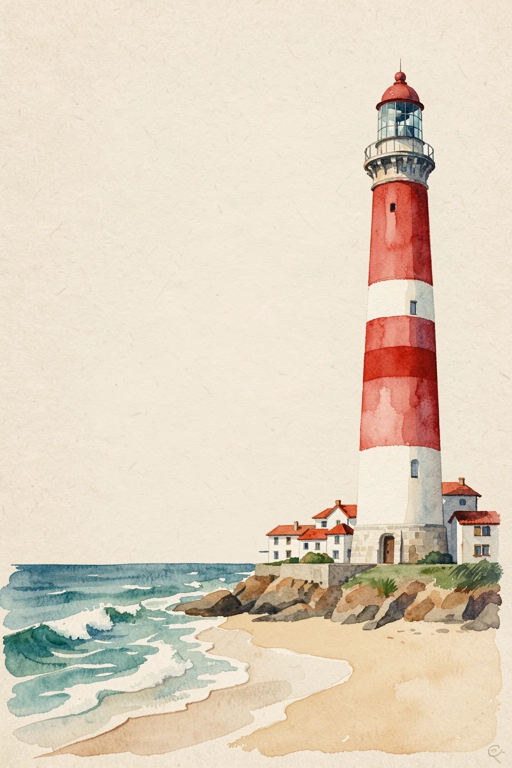 Atlantic City Lighthouse. A red-and-white striped lighthouse overlooks a small seaside village and rocky shore in watercolor.