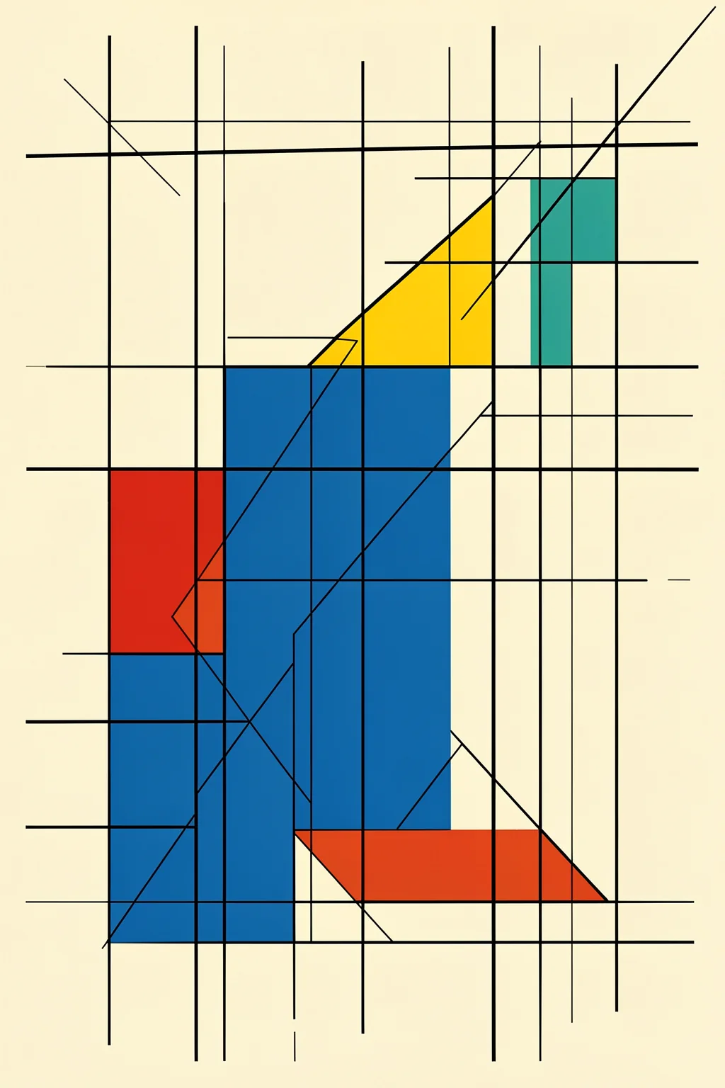 Bauhaus Abstract Geometric Design. Fine black lines frame primary-color blocks and diagonals in a geometric composition on cream.