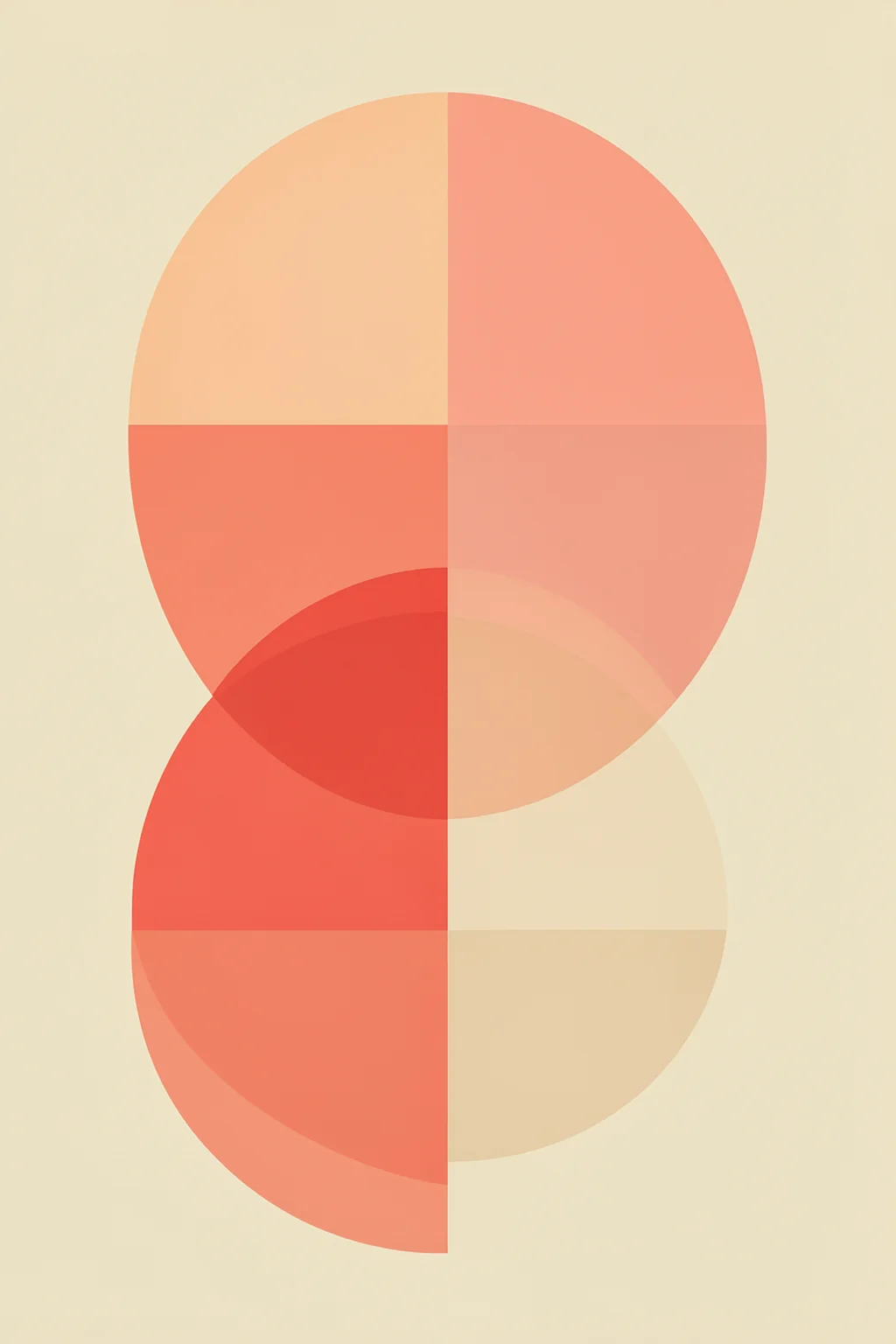 Soft Geometric Balance. Pale salmon, peach and cream semicircles and rounded blocks overlap in a soft geometric arrangement.