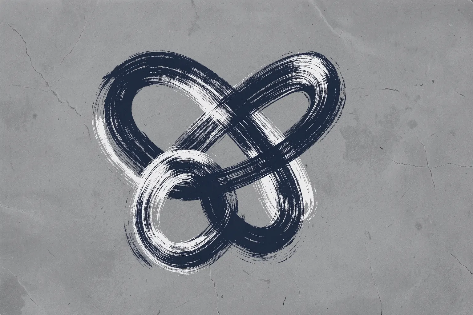 Fluid Abstract Strokes. Navy and white looping brushstrokes cross a softly textured gray background.