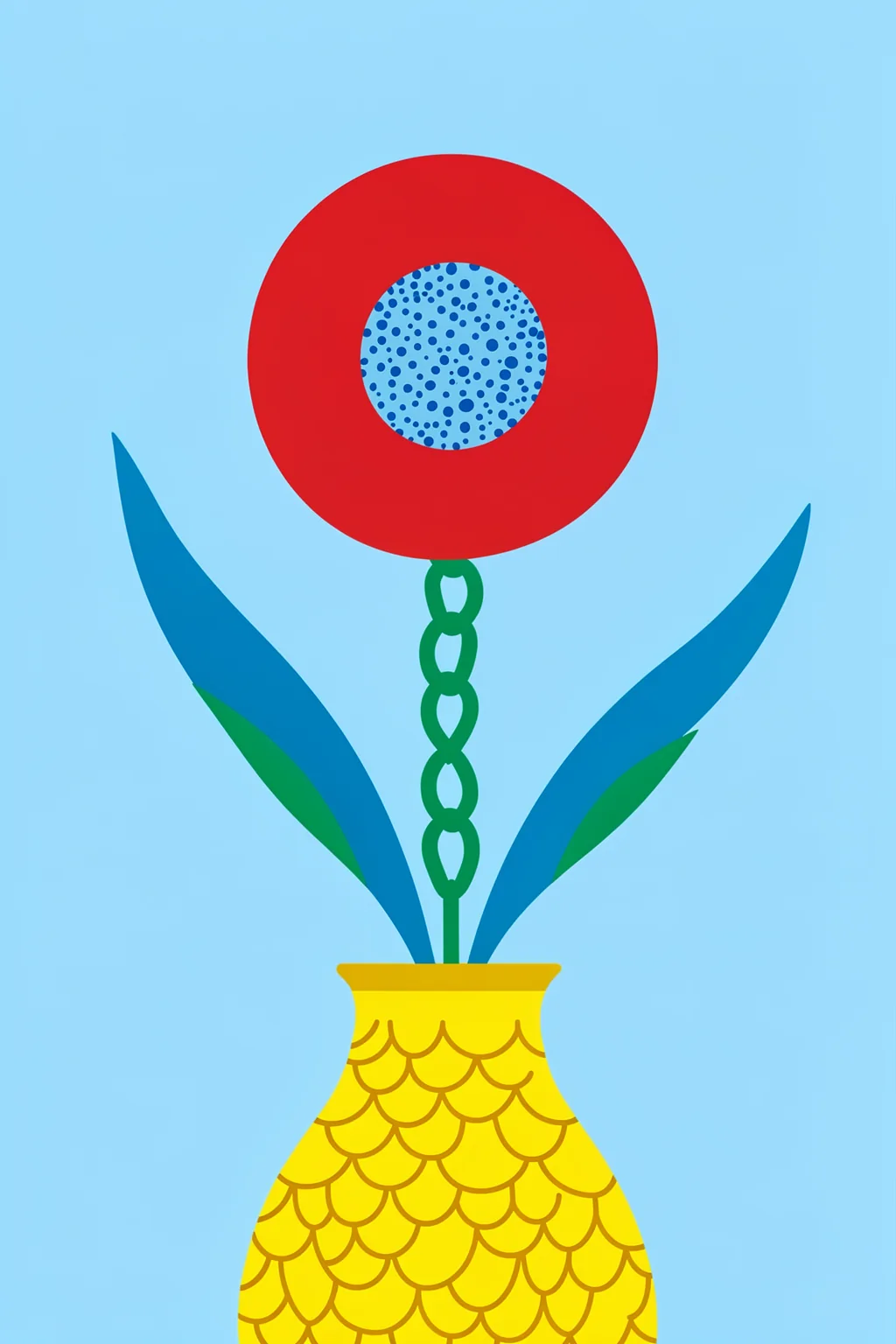 Colorful Abstract Plant. A whimsical red flower and blue leaves rise from a yellow vase against bright blue.